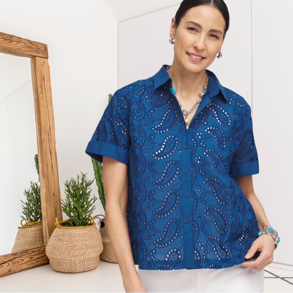 Chicos Short Sleeve Paisley Eyelet Button Down Top - Picture 2 of 13